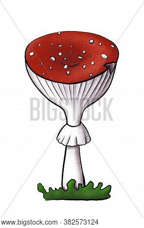 Illustration Of Redcap Fly Agaric With Chipped Spot On Flat Hat On Green Grass. Hand-drawn Poisonous