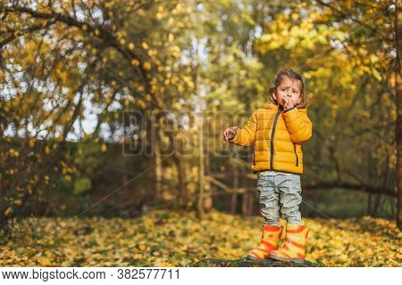 Little Funny Girl In Stylish Yellow Raincoat And Rubber Boots Stands In The Autumn Forest Or Park Ou