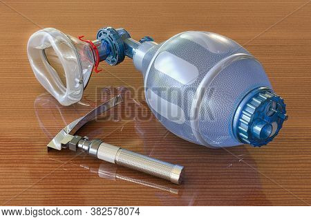 Laryngoscope And Ambu Bag For Ventilation Resuscitation On Wooden Table, 3d Rendering