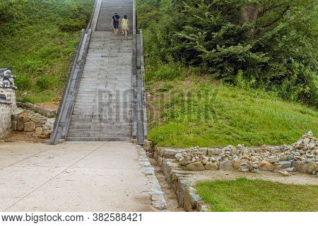 Seosan, South Korea; August 14, 2020: For Editorial Use Only.unidentified Couple Ascending Concrete 