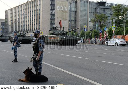 Moscow, Russia - June 17, 2020:russian T-14 Armata Battle Tank On A Heavy Tracked Platform  On Tvers
