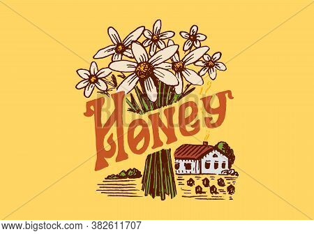 Honey And Bees. Vintage Logo For Typography, Shop Or Signboards. Badge For T-shirts. Hand Drawn Engr