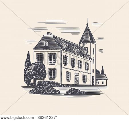 Alcohol Production Plant. Cognac Castle. Engraved Hand Drawn Vintage Sketch. Woodcut Style. Vector I