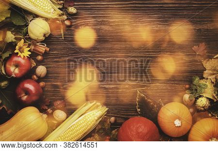 Thanksgiving Background, Food Autumn Harvest Concept. Rustic Table With Apples, Pumpkins, Nuts, Grap