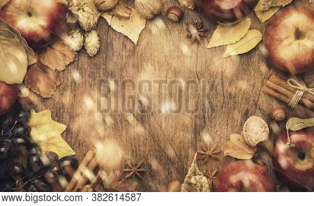 Thanksgiving Background, Food Autumn Harvest Concept. Rustic Table With Apples, Pumpkins, Nuts, Grap