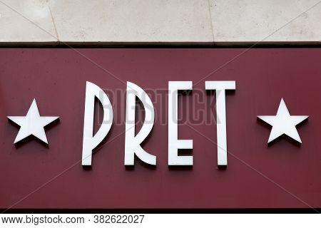 London, United Kingdom - September 25, 2019: Pret A Manger Logo On A Wall. Pret A Manger Is An Inter