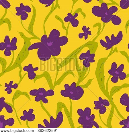 Floral Hand-drawn Seamless Pattern. Purple Flowers On Yellow Background. Vector Illustration