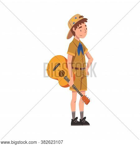 Scout Boy With Guitar, Scouting Kid Character Wearing Uniform And Neckerchief, Summer Camp Activitie