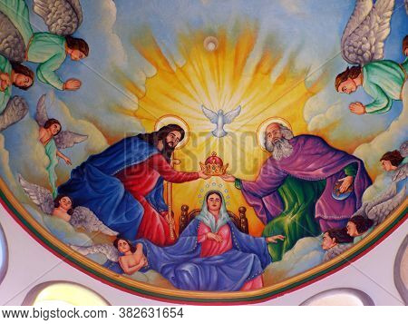 Medan, Sumatra, Indonesia, January 9, 2018: Painting On The Dome Of One Of The Chapels Of The Graha 