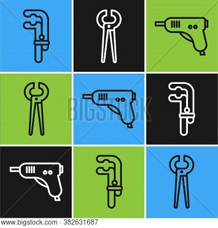 Set Line Clamp Tool, Electric Hot Glue Gun And Pincers And Pliers Icon. Vector