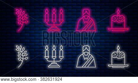 Set Line Candelabrum With Candlesticks, Jesus Christ, Willow Leaf And Easter Cake And Candle. Glowin