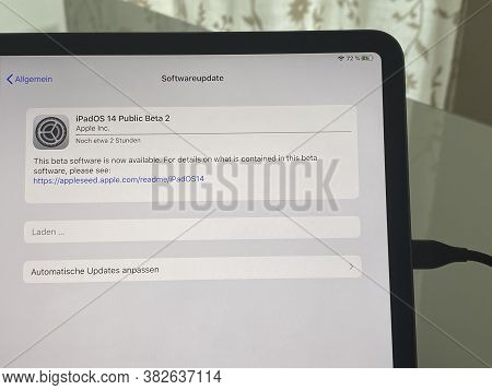 Frankfurt, Germany - July 22nd 2020: A German Photographer Installing And Testing The New Ipados 14 