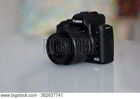 Frankfurt, Germany - 26th August 2020: A German Photographer Takes Pictures Of His Old Canon Eos M50