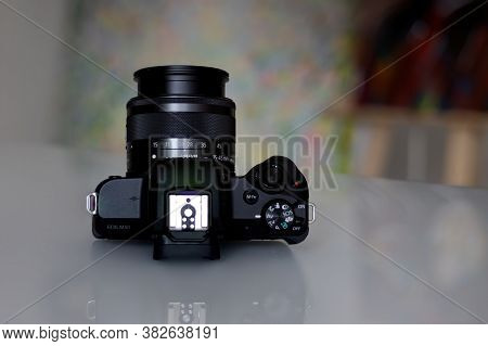 Frankfurt, Germany - 26th August 2020: A German Photographer Takes Pictures Of His Old Canon Eos M50