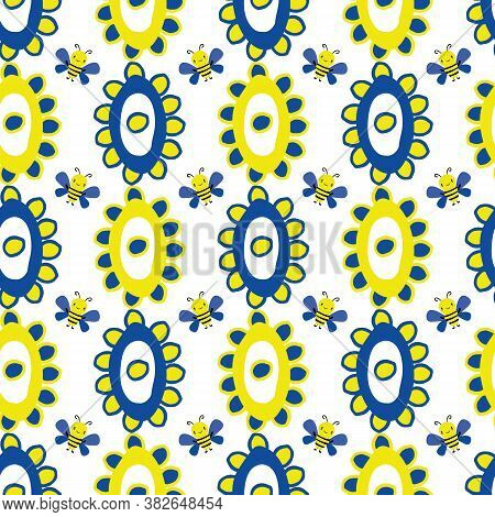Vector Childlike Drawing Of Flowers And Kawaii Style Bees Seamless Pattern Background. Simple Yellow