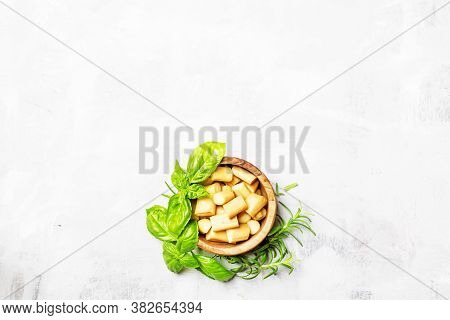 Caucasian Smoked Chechil Cheese With Spicy Herbs, Top View