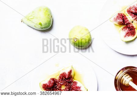 Sweet Green Figs With Honey, Gray Background, Top View