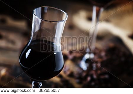 Coffee Liqueur, Vintage Wooden Background, Selective Focus