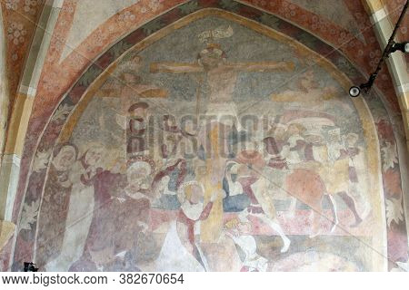 PETROVINA, CROATIA - JULY 22, 2013: Crucifixion of Christ, fresco in the church of Saint Peter in Petrovina, Croatia