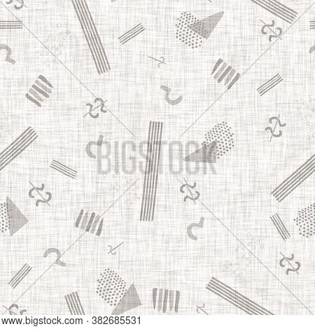 French Woven Linen Texture Geometric Shape Background. Old Ecru Flax Grey Geo Motif Seamless Pattern
