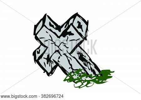 Vector Doodle Hand Draw Sketch, Christian Stone Grave And Grass, Isolated On White.