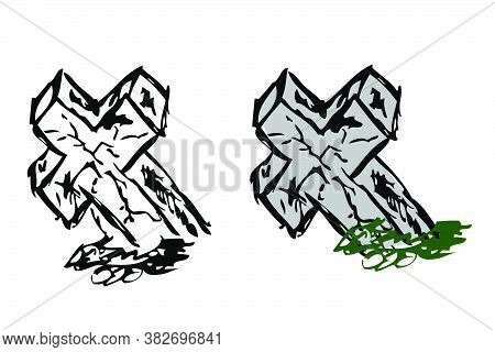 Vector Doodle Hand Draw Sketch, Christian Stone Grave And Grass, Isolated On White.