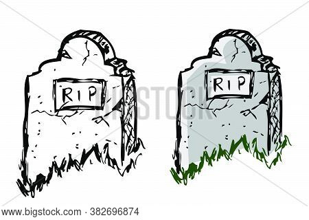 Vector Doodle Hand Draw Sketch, Christian Stone Grave And Grass, Isolated On White.