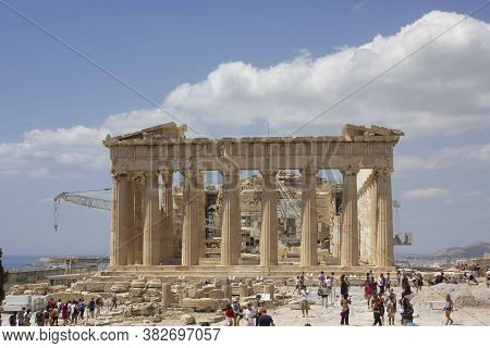 Athens, Greece - August 13 2016: The Parthenon Temple Under Renovation Works In Athens Acropolis