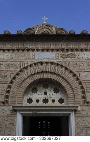 Athens, Greece - August 13 2016: Architectural Detail Of The Wll Of The Byzantine Church Of Holy Apo