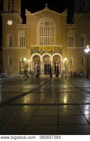 Athens, Greece - August 13 2016: Night View Of Mitropolis Square In Athens, With Annunciation Cathed