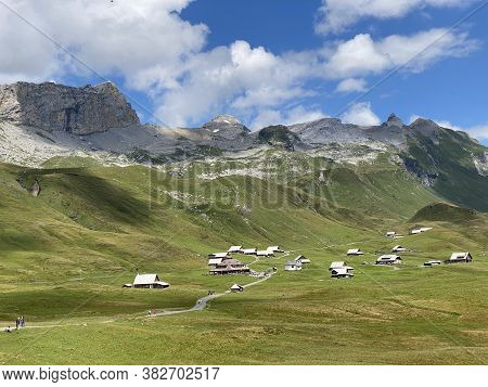 Traditional Alpine Livestock Settlement Tannalp Next To Lake Tannensee And In The Uri Alps Massif, M