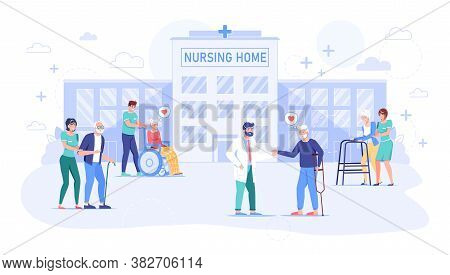 Old Senior People Walking At Nursing Home Outside