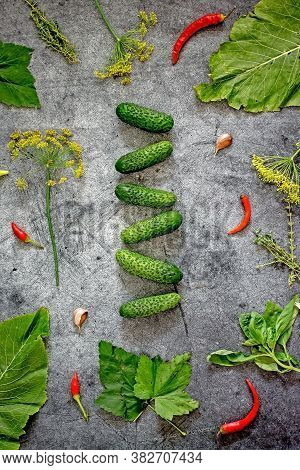 Pickled Cucumbers Background. Cucumbers, Dill, Peppers, Spices, Peppercorns, Horseradish Leaves, Cur
