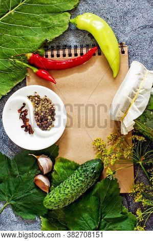 Pickled Cucumbers Background. Cucumbers, Dill, Peppers, Spices, Peppercorns, Horseradish Leaves, Cur