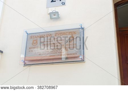 Tarnow, Poland - June 13, 2020: Plaque Commemorating Of Polish Bokser Stanislaw Zydaczek.