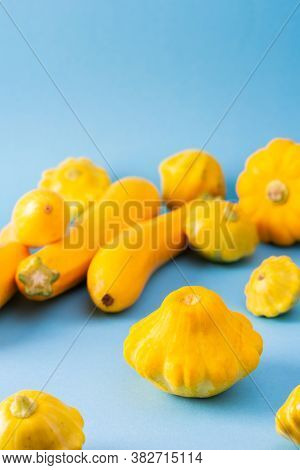 Fresh Harvest Of Zucchini And Pattison, Yellow Squash And Pattison On Blue Background