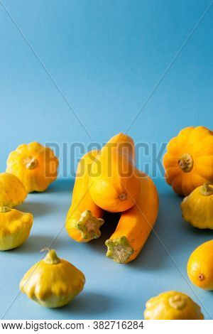 Fresh Harvest Of Zucchini And Pattison, Yellow Squash And Pattison On Blue Background