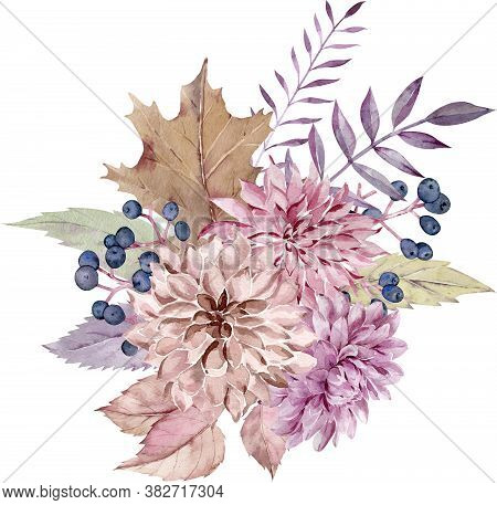 Watercolor Fall Floral Bouquet. Yellow Autumn Leaves, Dahlia And Aster Flowers, Berries. Colorful Ha