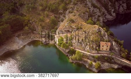 Drone View Of Lake San Domenico In The Municipality Of Villalago In The Province Of Aquila. Abruzzo 
