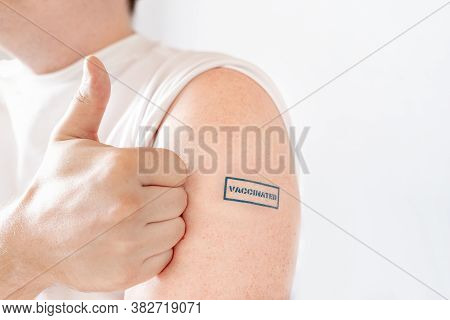 Man, Patient With Blue Stamp Vaccinated On Hand. Concept Of People Concent To Vaccination For Covid-