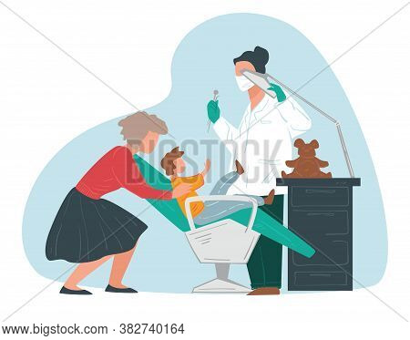 Kids Dental Care, Mom Helping Scared Kid To Sit Still
