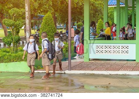 Kanchanaburi,thailand-july 2,2020:thai Students Wear Various Medical Masks To Prevent Themselves Fro