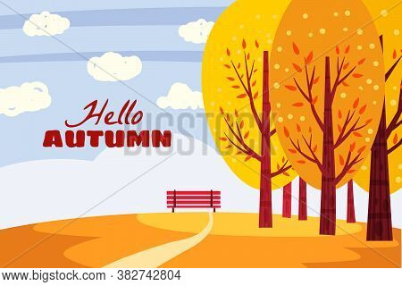 Hello Autumn Landscape. Fall Trees With Yellow Orange Leaves, Lonely Bench For Contemplation Of Autu