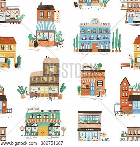 Colorful Buildings Exterior Seamless Pattern. Hand Drawn Stores, Shops, Cafe, Restaurant, Bakery, Co