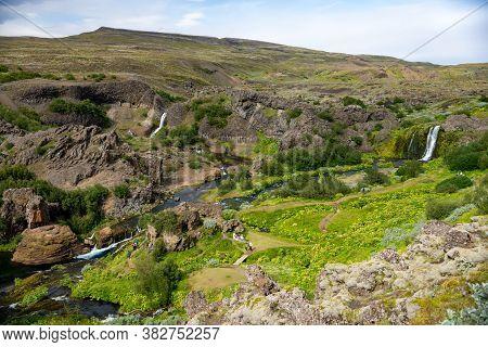 Hjalparfoss; Iceland - July 29, 2017: Scenic Landscape Of Hjalparfoss On The South Of Iceland