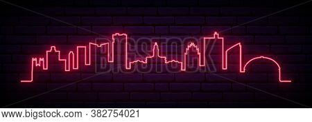 Red Neon Skyline Of Fort Worth. Bright Fort Worth City Long Banner. Vector Illustration.