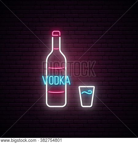 Vodka Neon Sign. Bright Light Signboard With Vodka Bottle And Shot. Neon Alkohol Emblem. Vector Illu
