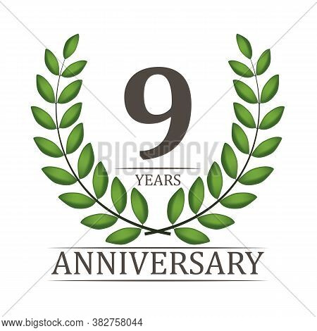 9 Years Anniversary Template With Red Ribbon And Laurel Wreath Vector Illustration