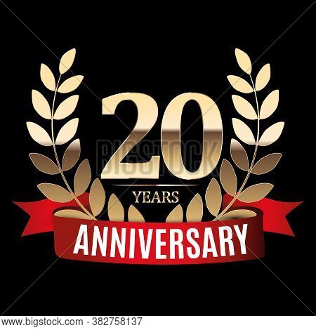 20 Years Anniversary Golden Template With Red Ribbon And Laurel Wreath Vector Illustration