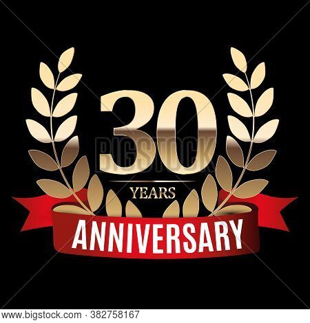 30 Years Anniversary Golden Template With Red Ribbon And Laurel Wreath Vector Illustratio